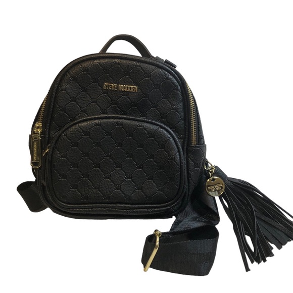Steve Madden Backpack Purse Bag Black Gold Logo BBlogo Print seatbelt straps - Picture 1 of 15